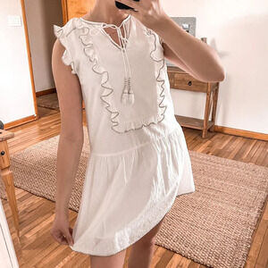 FLANNEL White Cotton Ruffled Tassle Tie Bohemian Cottagecore Designer Mini Dress